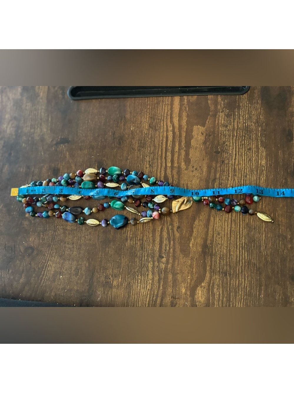 VINTAGE Genuine Lucite Statement Necklace • Gold Leaf Drop • Colorful Boho Luxe - Picture 14 of 16